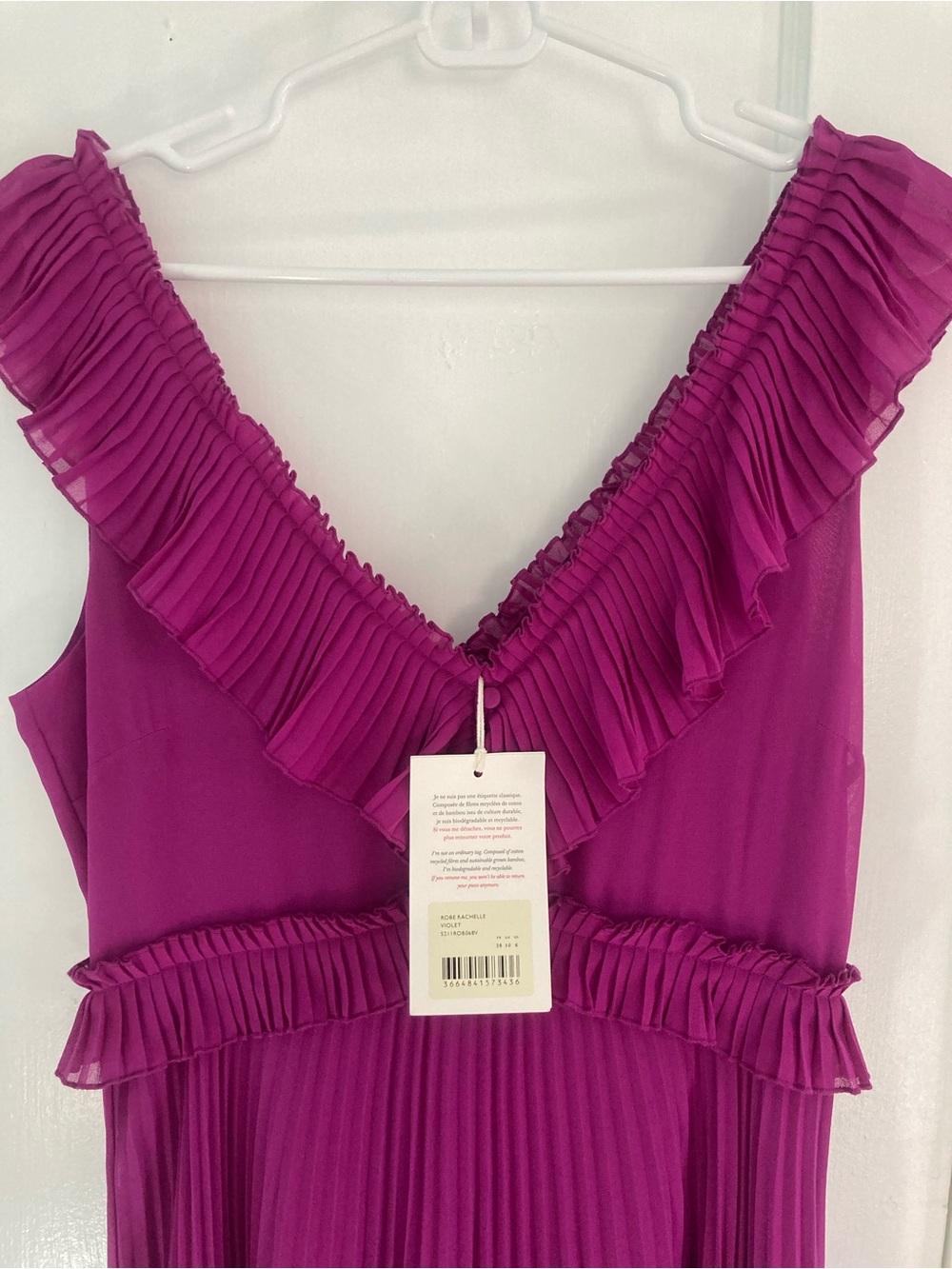 Sezane Rachelle Dress Pleated Ruffle V-Neck Midi in Violet size 38 - Picture 5 of 7